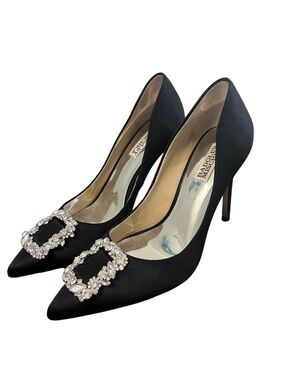 Badgley Mischka Cher Black Satin Crystal Embellished Pointed Toe Pump - Size 9